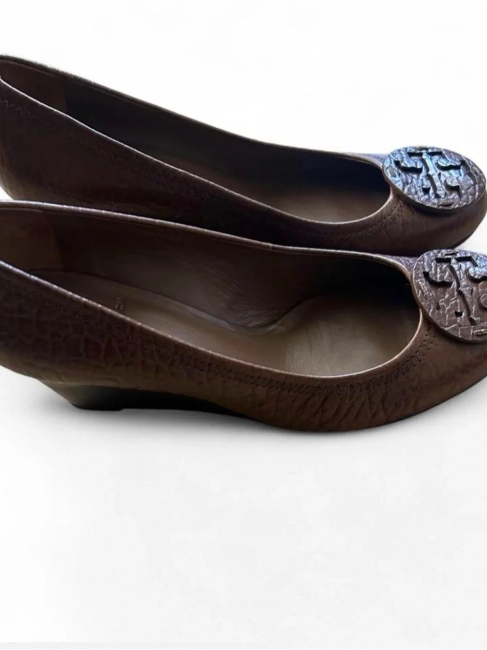 Tory Burch Brown Leather Logo Round-Toe  Wedge